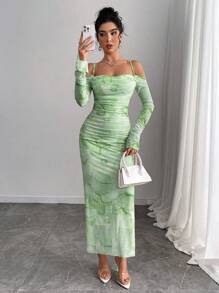 Elenzga Plus Size Women Pink Floral Print Mesh Ruffle Off Shoulder Bodycon Long Sleeve Dress - Green - View 6
