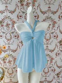 Lunelith SHEIN Lunessa Women's White Halterneck Spaghetti Strap Sleeveless Tank Top, Spring/Summer