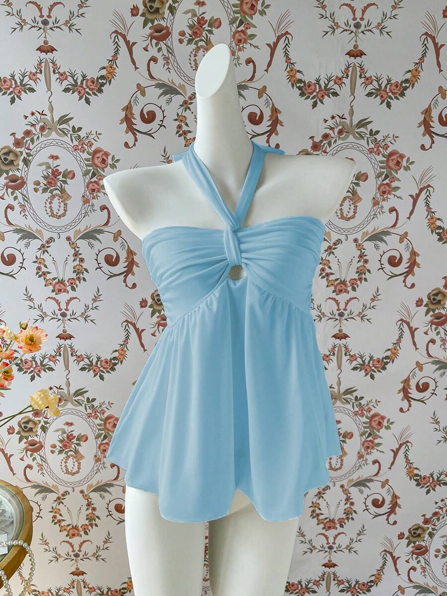 Lunelith SHEIN Lunessa Women's White Halterneck Spaghetti Strap Sleeveless Tank Top, Spring/Summer