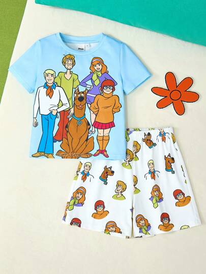 SCOOBY-DOO X SHEIN Sommarpyjamasset för pojke med tecknat tryck, rund hals och kortärmad t-shirt och vita lösa shorts