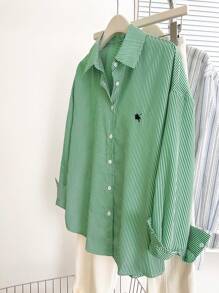 INAWLY 女式条纹骑士印花长袖单排扣休闲衬衫 - 軍綠色 - 查看 5
