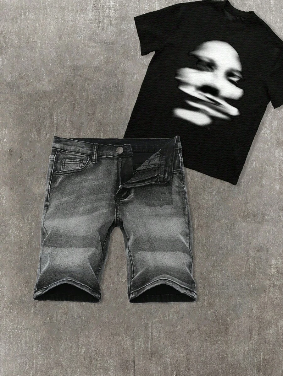 SHEIN 适合青少年男孩的时尚休闲Y2K酷炫黑色舒适弹力紧身牛仔短裤,柔软舒适,适合日常穿着,也适合儿童春夏参加锐舞节和海滩活动。 - 黑色 - 查看 1