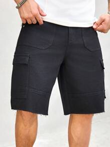 Manfinity Homme 男士实用口袋阔腿百慕大休闲牛仔短裤 - 黑色 - 查看 6