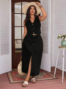 EMERY ROSE 大码女式休闲弹力牛仔迷你裙，春夏 - 黑色 - 查看 1