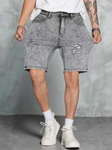 Manfinity EMRG Men's Light Grey Ripped Denim Shorts Avant-Garde Hip-Hop Streetwear Style Zipper Detail Short Length For A Summer Look - Light Grey - View 7