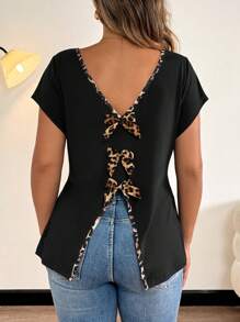 SHEIN LUNE Camiseta de mujer talla grande con escote en V sin espalda y lazo en la espalda, elegante y casual - Multicolor - Ver 2