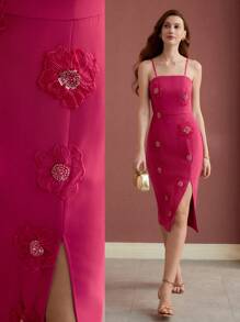 MOTF PREMIUM Vestido con aplicaciones y abertura en el muslo - Rosa Fucsia - Ver 7