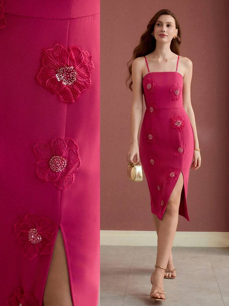 APPLIQUES SPLIT THIGH DRESS