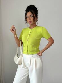 Elenzga Simple Solid Color Short Sleeve Cardigan, Casual Summer