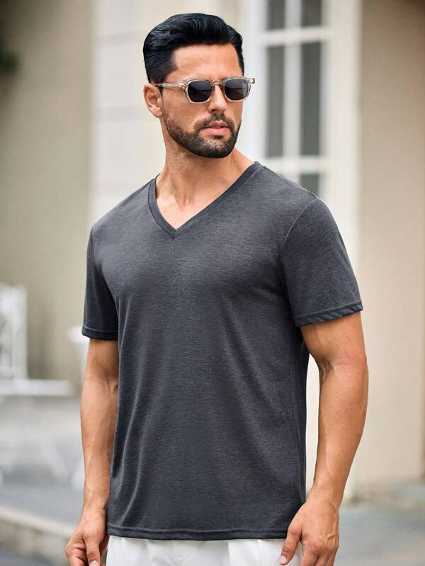 HIMLAND Tricou casual cu mânecă scurtă cu decolteu în V de vară pentru bărbați