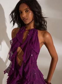 Opulessa 女式纯色针织露背无袖荷叶边下摆迷你连衣裙 - 綠色 - 查看 6