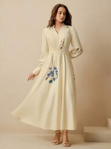 Anewsta 1 件女式长袖印花优雅泡泡袖/灯笼袖摆裙 - Butter Yellow - 查看 4