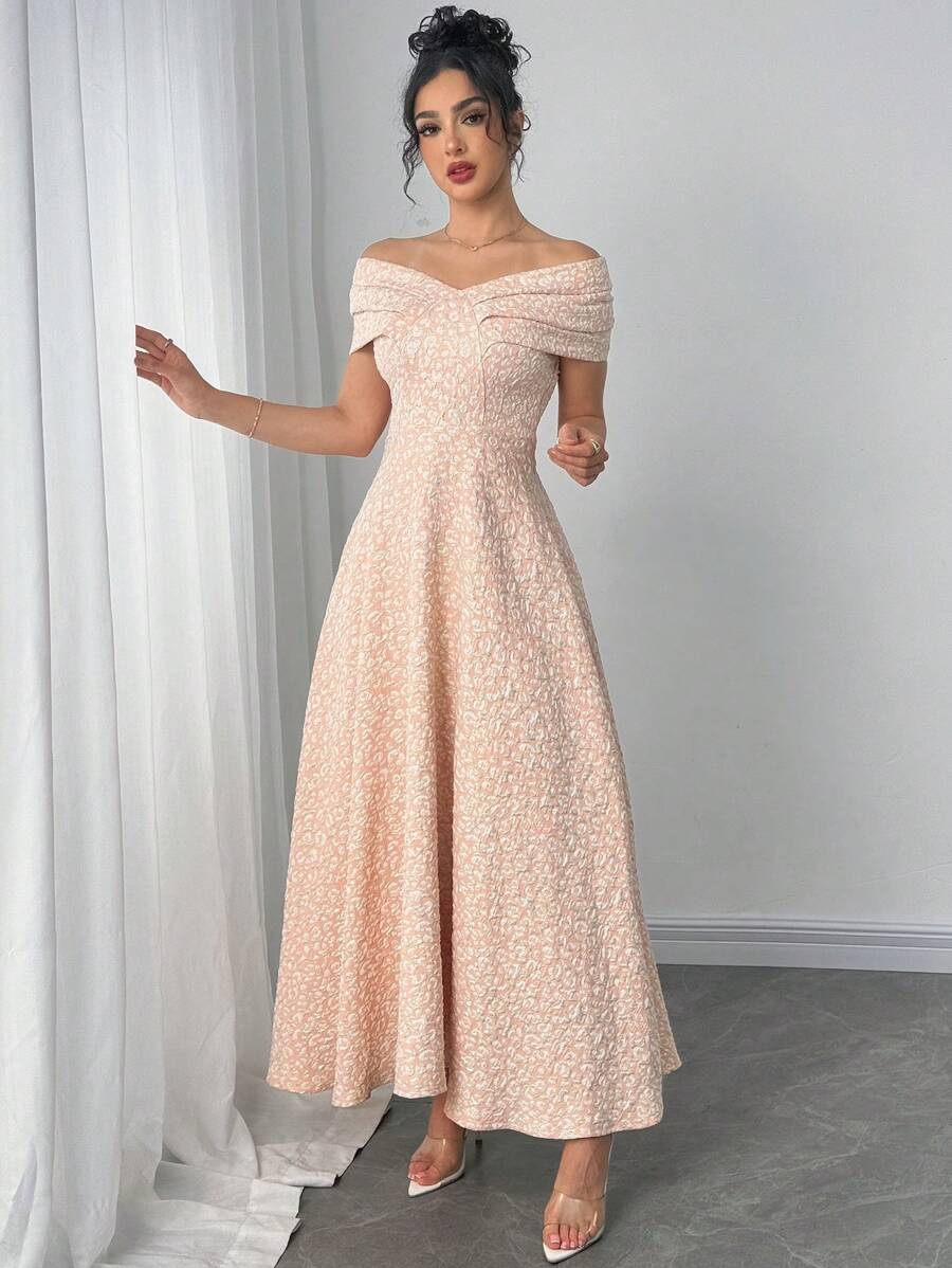 Modelyn Women's Floral Jacquard Off Shoulder Long Fitted Elegant Dress