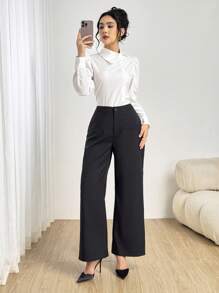 Modelyn Pantalones rectos de diseño de panel elegante azul marino para mujer - Iron Gray - Ver 3