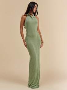 SHEIN BAE Vestido de mujer con cuello con vuelo y espalda descubierta de unicolor, vestido largo elegante ajustado con bajo de sirena en colores verde salvia y pistacho, vestido para vacaciones - Verde - Ver 5