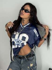 Coolane 女式夏季音乐会狂欢节外出文艺复兴博览会街头服饰复古数字图案蓝色超大针织 T 恤 - 藍白色 - 查看 4