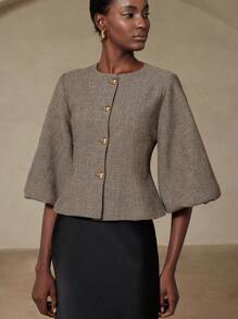 Aveloria Rosie 优雅复古法式女式浪漫约会奢华高端设计人字形圆领短款灯笼袖收腰金属纽扣西装外套