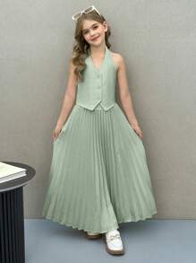 Firerie Kids Firerie Kids Conjunto informal para niña preadolescente Nova Glow compuesto por una chaqueta corta sin mangas de unicolor emparejada con una falda larga plisada de cintura alta, atuendo de uso diario