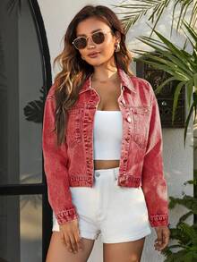 Breezaya Women Vintage Distressed Single Breasted Long Sleeve Dropped Shoulder Denim Jacket - Red - View 4