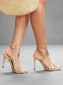 CUCCOO SZL Women's Sexy Fashion Thin Strap Round Toe High Heel Sandals, Casual Versatile Ankle Strap Gold Heeled Shoes