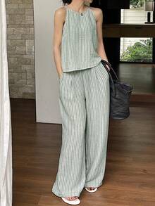 DAZY 女士夏季条纹细肩带裤两件套休闲套装 - 綠色 - 查看 3