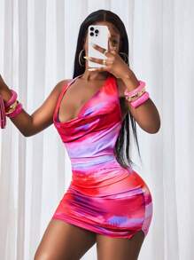 BamGleam Vestido sin espalda con tirantes de mujer con estampado de tie-dye