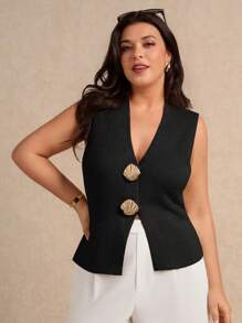 Elaquor Fashionable Casual Metal Shell Button Sleeveless Plus Size Sweater Vests In Fall/Winter - Black - View 1
