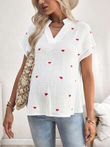 SHEIN Maternity Casual Simple Heart Print Notch Neck Blouse - White - View 5