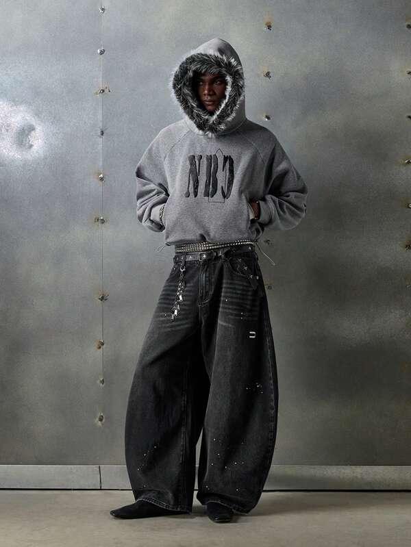 NEON BLANC Men's Street Fashion Woven Long Curved Knife Loose Fit Jeans, Grunge, Couple Things