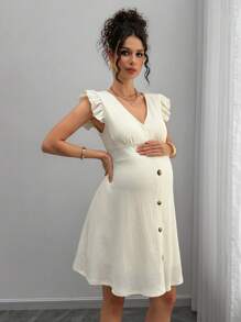 Momance Maternity V-Neck Single Breasted Cap Sleeve Casual Dress, Summer - Apricot - View 4