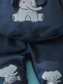 SHEIN 新生儿休闲日常可爱趣味卡通大象印花 3D 象耳设计圆领长袖卫衣和长裤套装，适合外出、居家和摄影 - 藏蓝色 - 查看 8