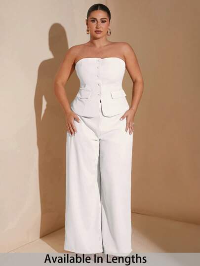 SHEIN Tall CURVE Plus Size Women's Elegant Date Night Solid Tube Top Blazer Summer Suit, Suitable For Work Uniform, Office, Fairy, Mermaid Style,Two Piece Set Women