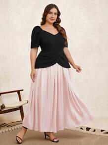 SHEIN Clasi Plus Size Elegant Color Block Dress - Pink - View 4