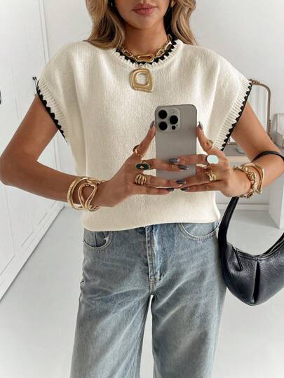 Siren Gaze Women's Contrasting Color Trim Round Neck Short Sleeve Casual Versatile Knitted Top Fall Tops,Knitted Sweater Summer