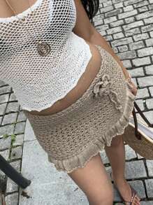 Sunnyshic 女式低腰百搭3D花卉装饰针织迷你裙 - 卡其色 - 查看 6