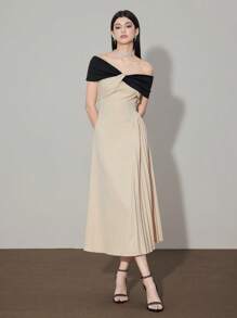 Modelyn Elegant Women's Midi Dress With Asymmetrical Neckline Off-The-Shoulder Design And Pleated Skirt Detail - Multicolor - View 4