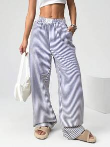 SHEIN EZwear Quần ống rộng dệt sọc thường ngày cho nữ - Xanh và trắng - Xem 4