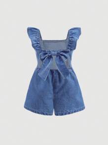 SHEIN Young Girl Blue Denim Romper With A Three-Dimensional Bow On The Back - Medium Wash - View 2