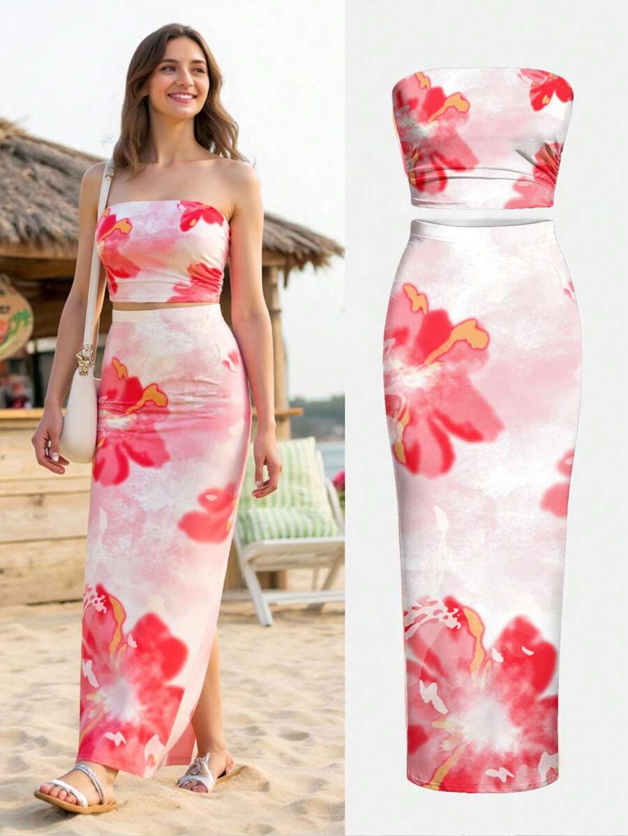 Tween Girl Casual Simple Comfy Floral Print Matching Tank Top And Mini Skirt Set