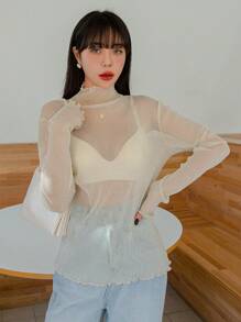 DAZY Lettuce Trim Mock Neck Mesh Top Without Bra Going Out Tops Sheer,Back To School Clothes