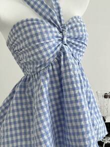 Elamini Spring/Summer Blue Plaid Ruched Cropped Tie Front Camisole - Blue - View 7