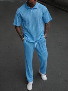 Manfinity Homme Men's Knitted Textured Fabric Polo Shirt And Pants Set - Blue - View 4