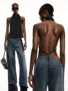 LYSMO 2025 New Arrivals Women's Ruched Halter Neck Satin Blouse With Adjustable Scarf-Tie Design And Open Back, And Avant-Garde, Hot Girl Style - Black - View 1