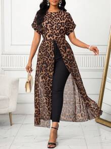 SHEIN Lady Damen elegante lässige Urlaubs-Leoparden-Muster Taille-geschlossene Schlitz-Rundhals-Fließende Bluse, Urlaubs-Frauen Gepard-Muster Ausgeh-Oberteile, Frauen Boho Flughafen, für Frauen Brunches, für Frauen Klassisch, Fließendes Oberteil