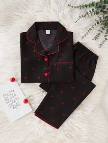 SHEIN Girl's Apricot Cute Cherry Print Casual Loose Shorts And Long Pants 2Pcs Pajama Set Cherry Pajama Set - Black - View 5
