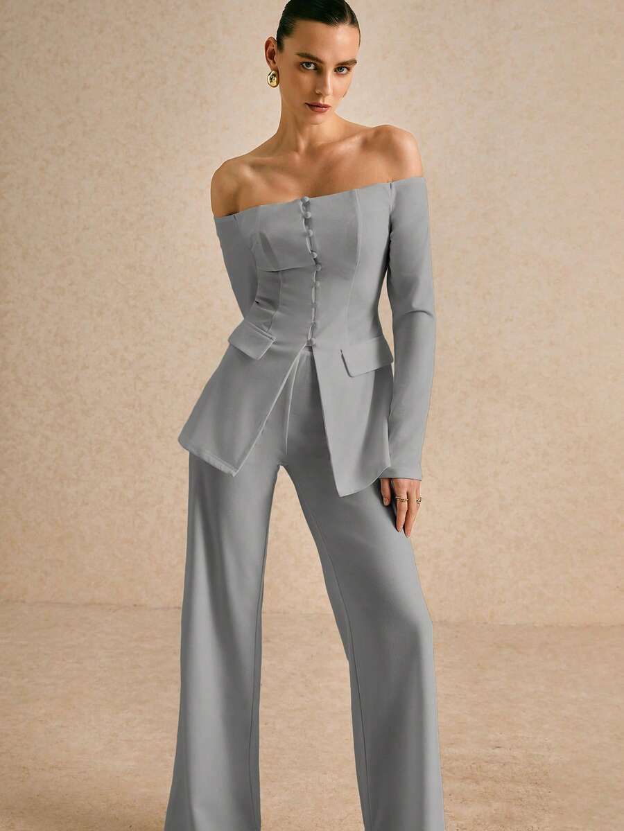 Poéselle 秋冬女士时尚露肩纽扣西装外套和裤子套装 - 灰色 - 查看 1