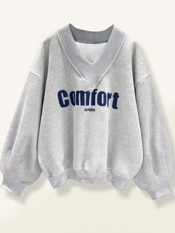 SHEIN Loose Fit Varsity Color Block Letter Graphic Raglan Sleeve V-Neck Pullover Sweatshirt For Teenage Girls