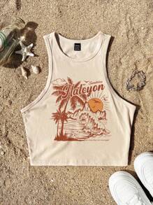 SHEIN EZwear Top camiseta ajustada de cuello redondo minimalista y casual con estampado tropical para mujer, de verano