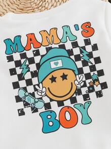 SHEIN Playful Pals 男婴白色休闲笑脸图案字母印花长袖针织衫，适合春秋季节，适合日常和户外穿着