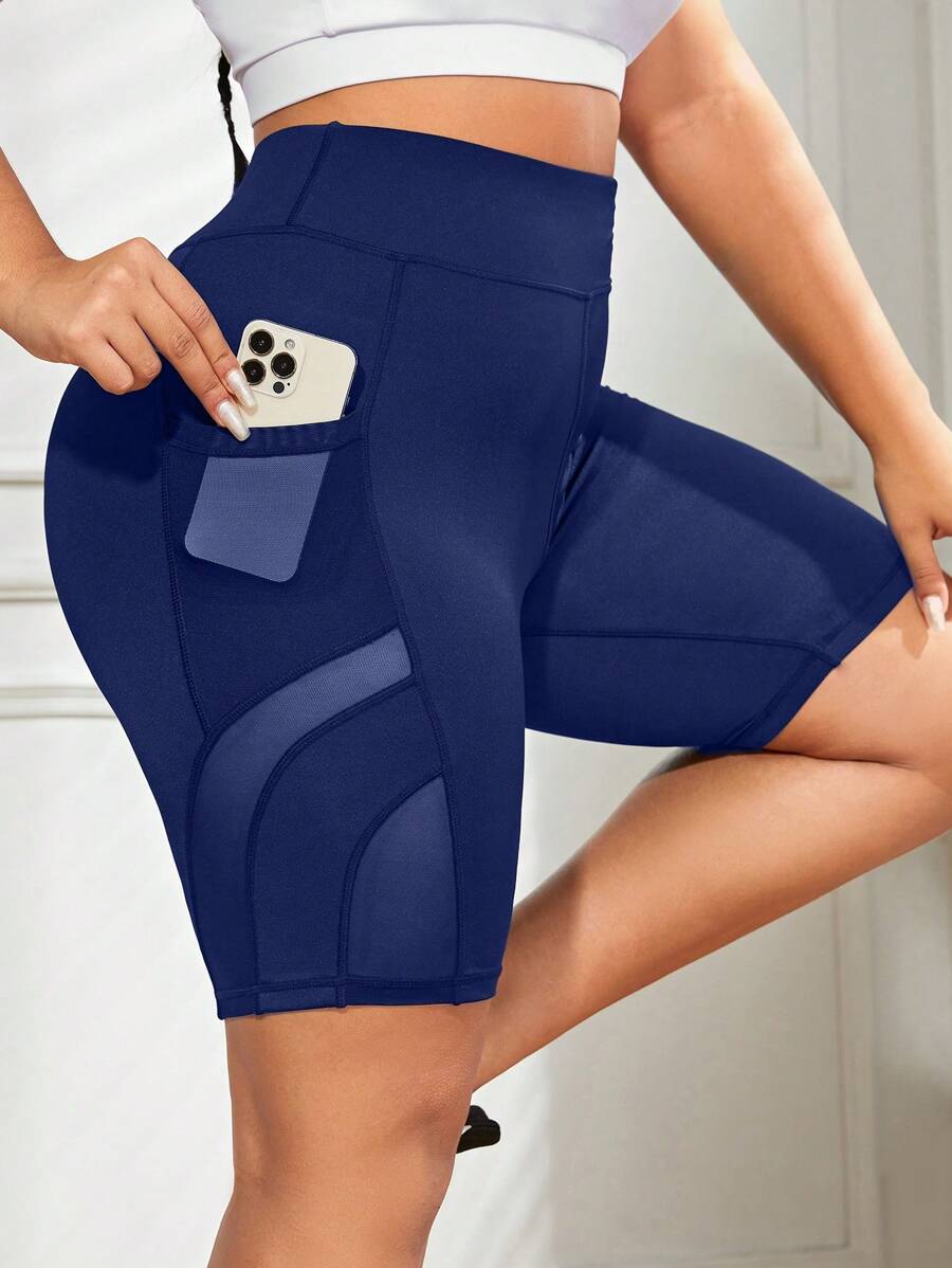 Easithlete Plus Size Sports Mesh Splicing Striped Shorts Workout Short - Navy Blue - View 1
